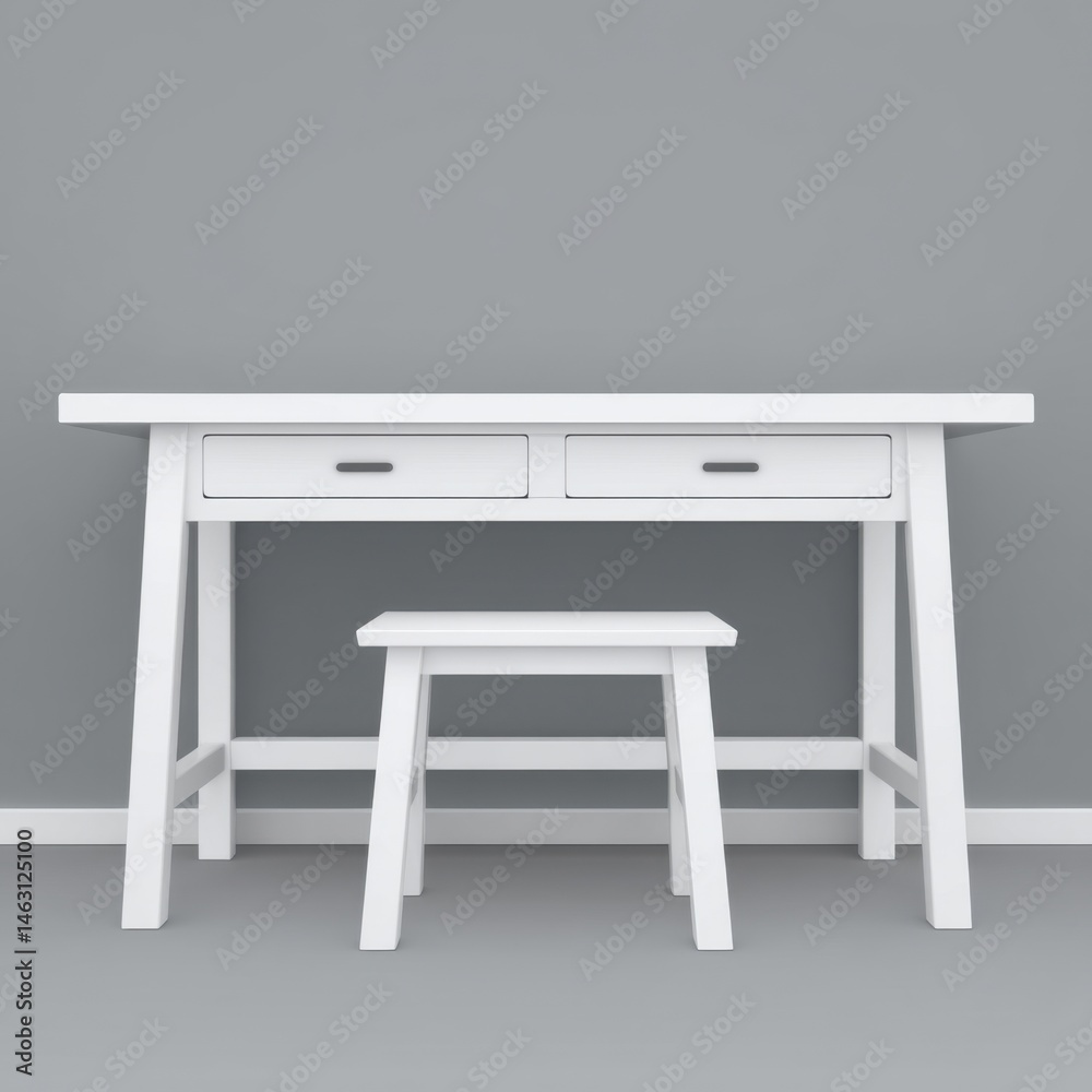 Poster minimalist white desk and stool set against a plain gray wall in a studio setting