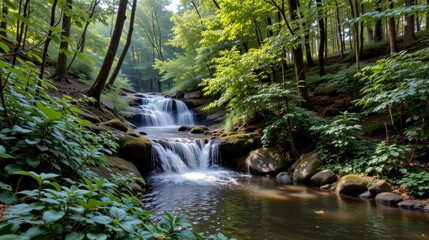 Obraz premium Serene Forest Waterfall Surrounded by Lush Greenery in Calm Nature Environment
