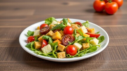 Fresh Colorful Salad with Cherry Tomatoes, Cheese Cubes, and Crisp Greens on Wooden Table