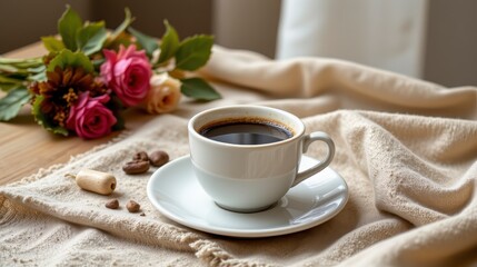 Freshly Brewed Coffee in White Cup on Cozy Beige Blanket with Beautiful Flower Arrangement