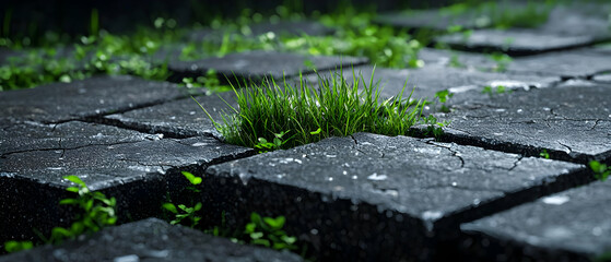 Fototapeta premium Closeup View Of Green Moss Growing On Dark Gray Stone Tiles