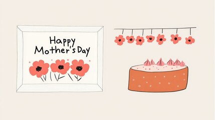 Textured illustration of framed Mother's Day message near a cake slice with flowers. Concept of Motherhood, celebration, mom, family, love, gratitude, nurturing, care, sweet treats
