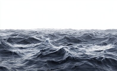 Turbulent ocean waves meet a bright, stark white horizon.  Detailed, textured water surface