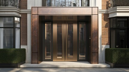 Luxurious apartment building entrance; city street background; architectural design