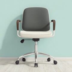 Fototapeta premium Modern office chair on a light wooden floor against a teal wall backdrop