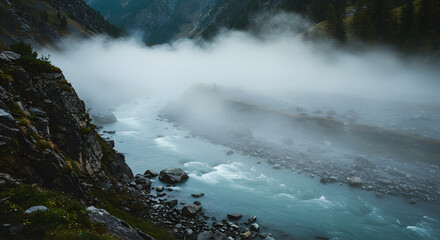 Obraz premium Alpine River Veiled In Mist Flowing Through Rocky Mountain Valley