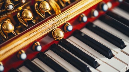 Elaborate Harmonium Instrument with Golden Embellishments and Elegant Design