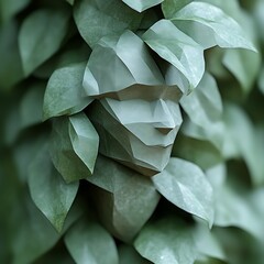 Geometric face hidden amidst foliage.  A serene, light gray polygonal face is nestled within a dense collection of muted green leaves