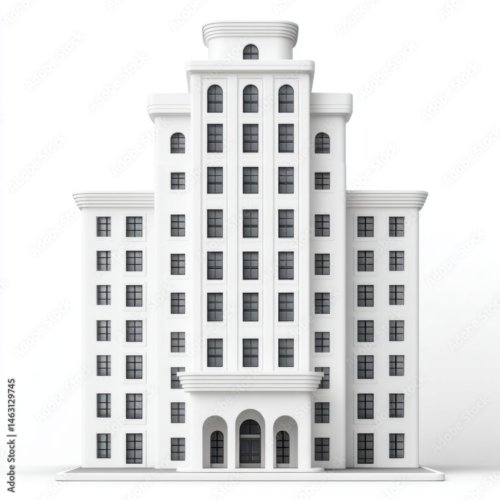 Poster modern white architectural building with many windows against a clean white background