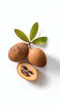 Sapodilla fruit, one cut half with dark seeds and leaves on white surface for food concepts