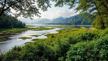 Fototapeta premium Serene River Flow, Natural Scenery Background