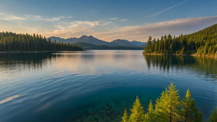 Serene Lakeside Scenery at Sunrise