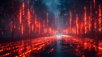Fototapeta premium Rainy night road with red glowing lights.