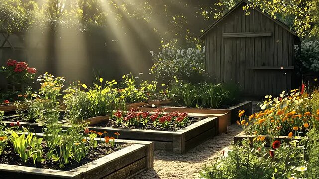Vibrant garden with flowers and sunlight streaming down