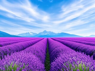 Lavender fields stretch to mountains under a vibrant sky