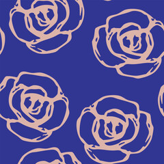Seamless botanical pattern with roses. Repeating floral print with silhouetted blossom. Hand drawn sketches. On blue background.