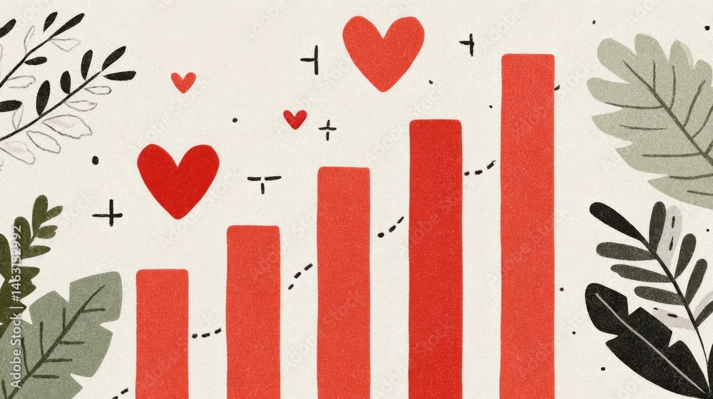 Poster Red bar graph with hearts and botanical elements on a cream-colored background