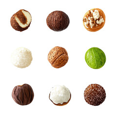Collection of delicious nuts and sweets isolated on food high candy tasty on transparent background
