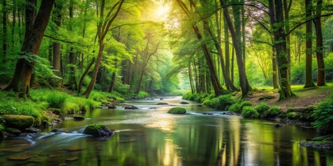 Obraz premium A tranquil stream flows gently through a dense forest