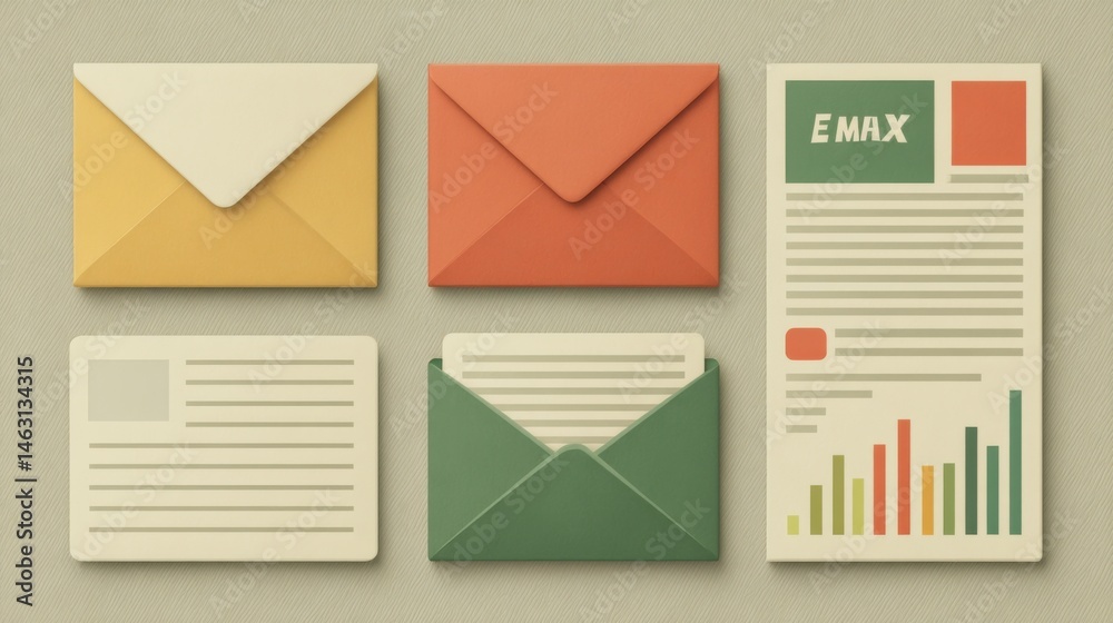 Aufkleber set of colorful mail envelopes and documents representing business communication
