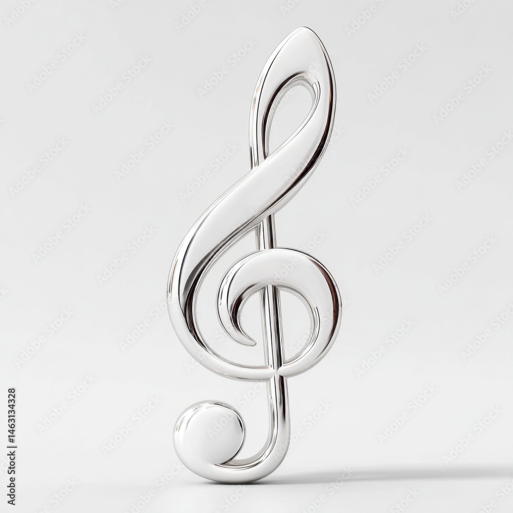 Poster shiny silver treble clef symbol isolated on white background with soft shadows.