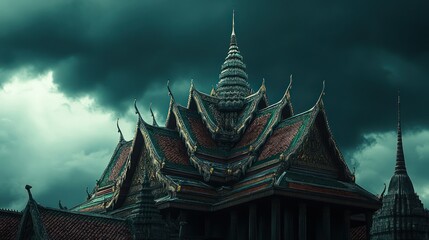 Fototapeta premium Stormy Sky over Temple Roof, Southeast Asia
