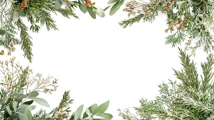 A rectangular frame created with various festive greenery