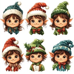 Cute Christmas elves in various festive hats
