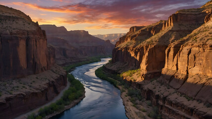 Majestic River Winding Through Canyon at Sunset