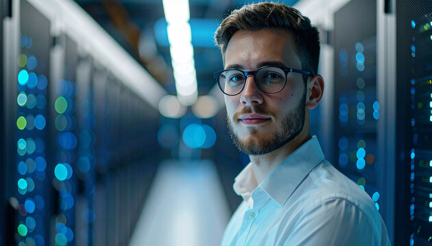 Portrait of a Technician in Server Room: A young technician with eyeglasses stands confidently in a server room. The scene portrays a professional environment.