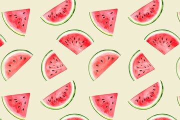 アイボリー背景のスイカの総柄イラスト　生成AI