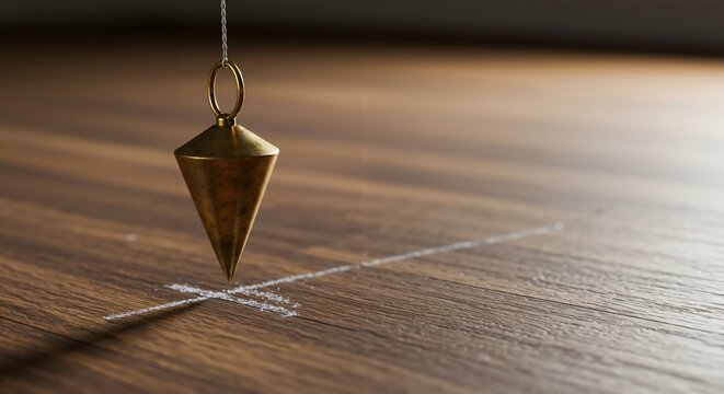 A traditional brass plumb bob hangs suspended by a string, its pointed tip precisely indicating a white chalk 'X' marked on a polished dark wooden floor.