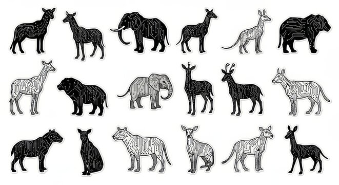 Silhouettes of various extinct and extant animals.