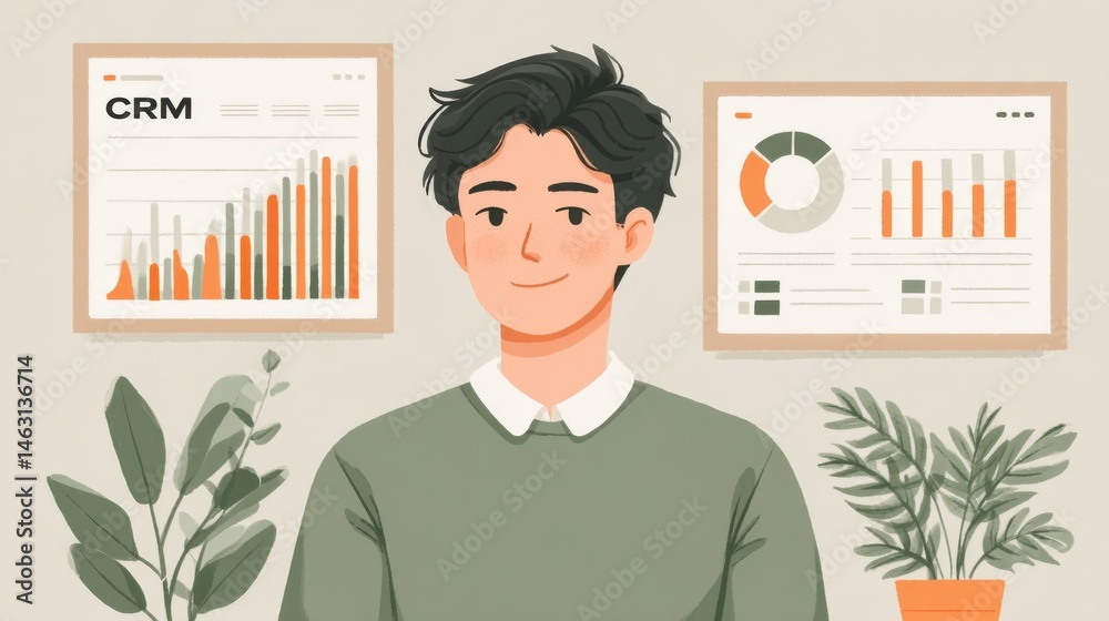 Poster smiling young man with charts and plants, representing business and data analysis.