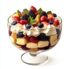 A fresh fruit trifle served in a glass bowl, with alternating layers of light sponge cake, 