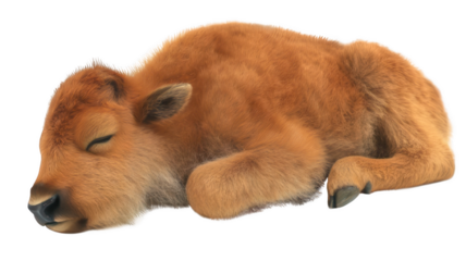 Sleeping Baby Bison Calf Isolated on White Background