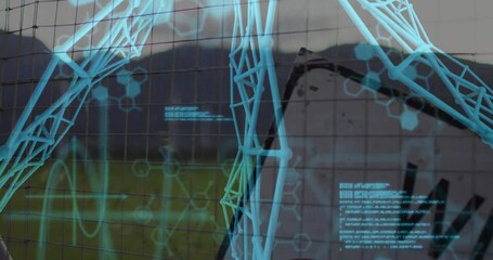 Holographic blue 3D network mesh being projected over fence grid, showing hexagon patterns and code - Powered by Adobe