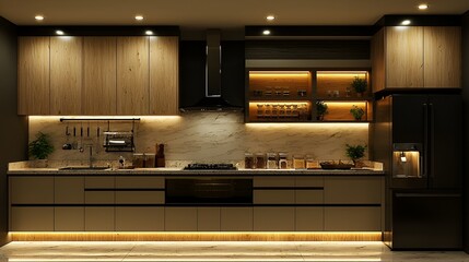 Modern kitchen at night with wooden cabinets, marble countertop, and warm lighting.