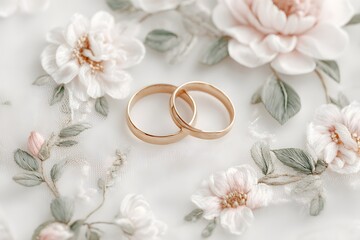 Eternal Bonds: Two gold wedding rings entwined amidst delicate blossoms and greenery, a symbol of love, commitment, and the beautiful journey of marriage.