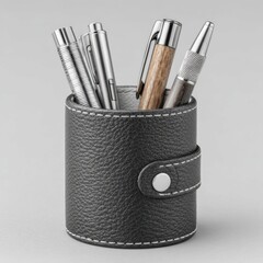 Stylish pen holder with assorted pens on a neutral background, elegant office accessory