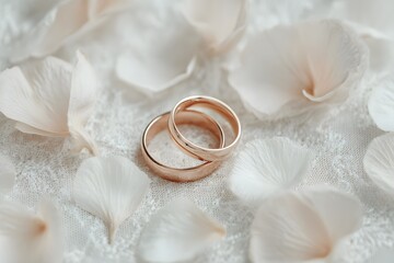 Eternal Promise: Two wedding rings resting gracefully amidst delicate petals, symbolizing everlasting love and the start of a new chapter. The rings glint softly under the warm light.