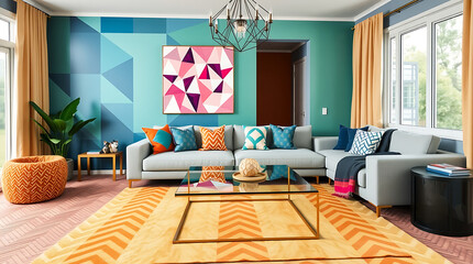 Fototapeta premium Modern Living Room Interior Design with Colorful Decor and Geometric Artwork