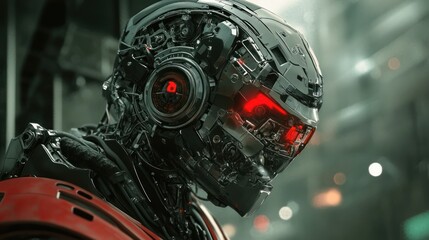 Cybernetic warrior with glowing red eyes in a futuristic cityscape setting