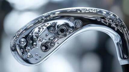 Chrome cane handle, close-up, blurred background, tech detail