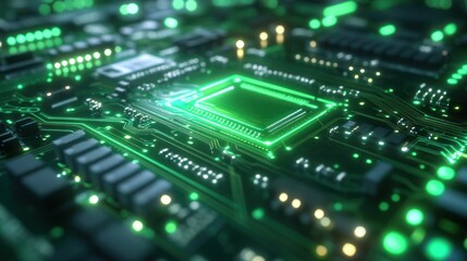Fototapeta premium Glowing circuit board with green hues, depicting the architecture of technology