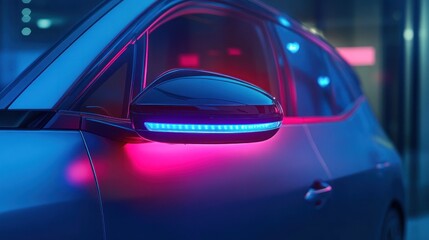 Fototapeta premium Night city car mirror neon lights