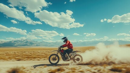 Motorcycle rider on dusty trail, sunny day