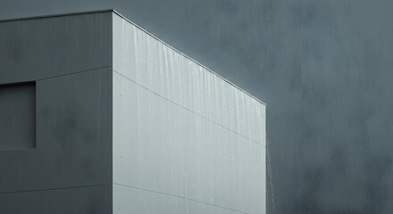 Gloomy Weather With Metallic Building And The Falling Rain In Monochrome