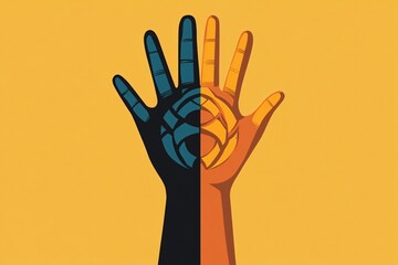 Unity and Diversity: A visually striking illustration that depicts two hands, one in blue and the other in orange, seamlessly merging together, with a unifying design at their center. 
