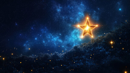 Glowing nativity star of Jesus Christ against a serene dark blue sky filled with stars